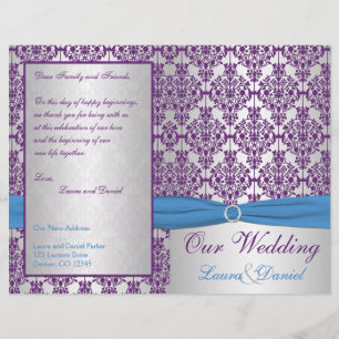 Hochzeitsprogramm für Silber, Blau und Lila Damask