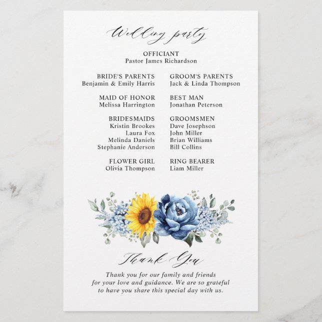 Hochzeitsprogramm für Sonnenblumen-Blauschiefer (Rückseite)