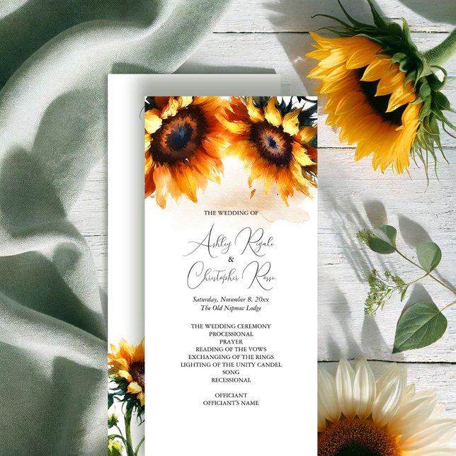 Hochzeitsprogramm für Sonnenblumen - Rustikal Programm (Rustic wedding programs watercolor sunflowers exclusive to VG Invites)