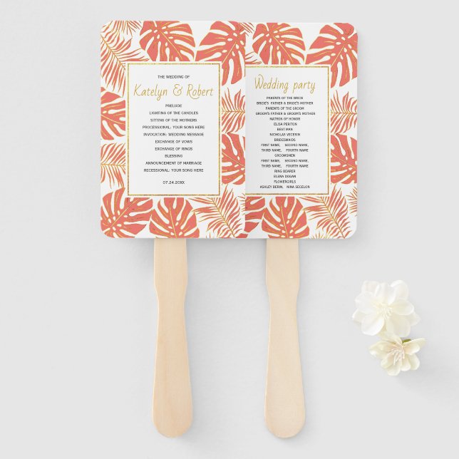 Hochzeitsprogramm für tropische Korallen und Goldm Fächer (Vorne und Hinten)