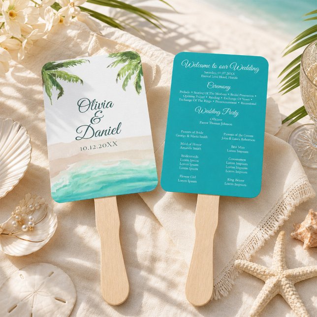 Hochzeitsprogramm für tropische Strände und Palmen Fächer (Tropical Beach and Palm Trees Wedding Program Fan)