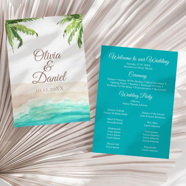 Hochzeitsprogramm für tropische Strände und Palmen Programm (Tropical Beach and Palm Trees Wedding Program on a sunny white dry palm leaf.)