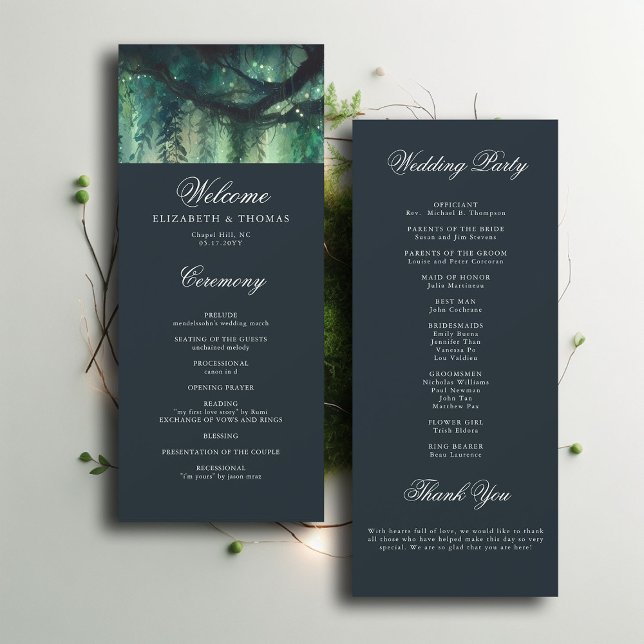 Hochzeitsprogramm für verzauberte waldbezaubernde  (enchanted forest emerald magical wedding program elegant modern calligraphy formal classic ceremony)