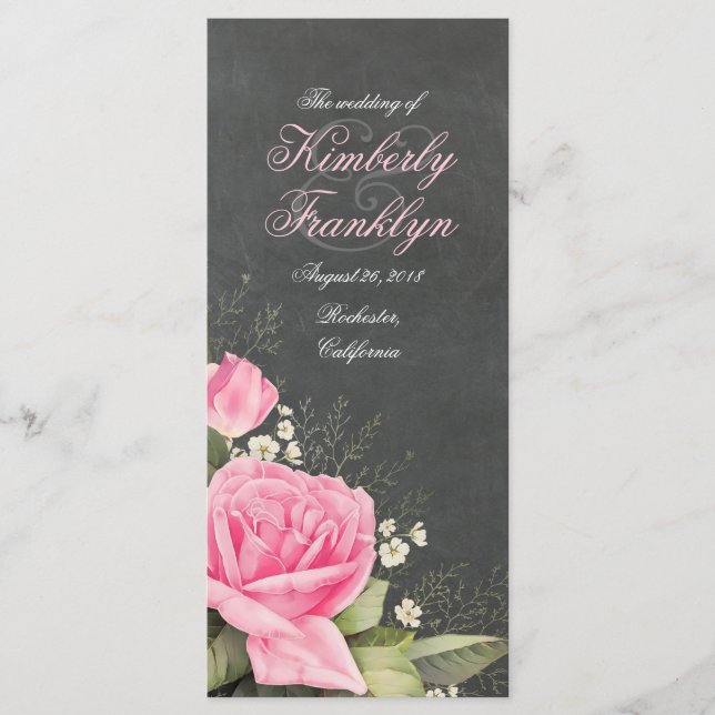 Hochzeitsprogramm für Vintag-rosa-Blumenkalkplatte Programm (Vorderseite)