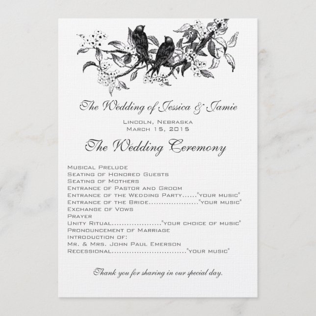 Hochzeitsprogramm für Vintage Liebesvögel in einer Programm (Vorderseite)