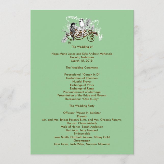 Hochzeitsprogramm für Vintage Liebesvögel Programm (Vorderseite)