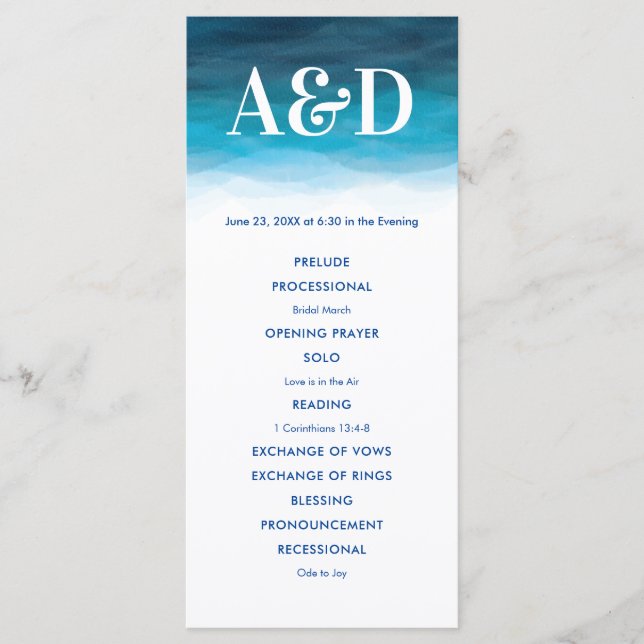 Hochzeitsprogramm für Wasserfarben im Meer, Blue W Programm (Vorderseite)