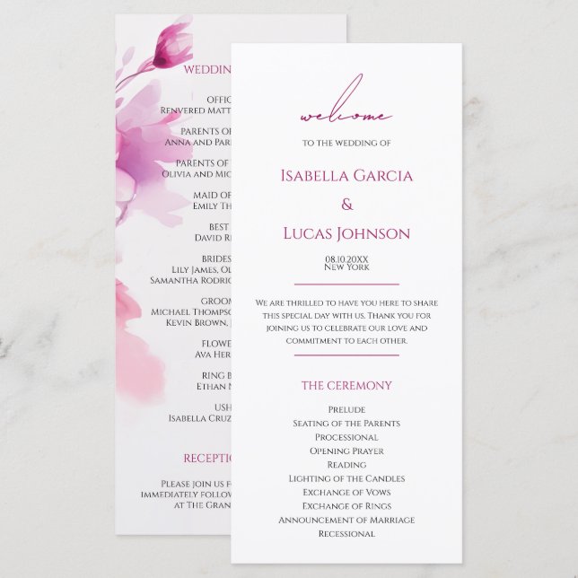 Hochzeitsprogramm für Wasserfarben Rosa (Vorne/Hinten)