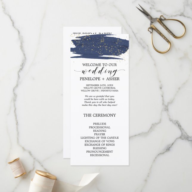 Hochzeitsprogramm für Wasserfarben und Gold Programm (Vorderseite/Rückseite Beispiel)