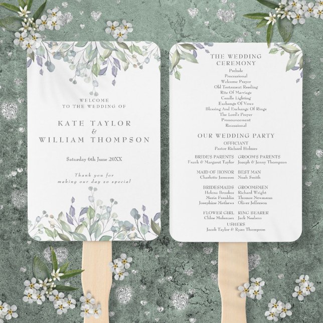 Hochzeitsprogramm für Wasserfarben und Grünpflanze Fächer (Watercolor Greenery Floral Wedding Program Hand Fan)