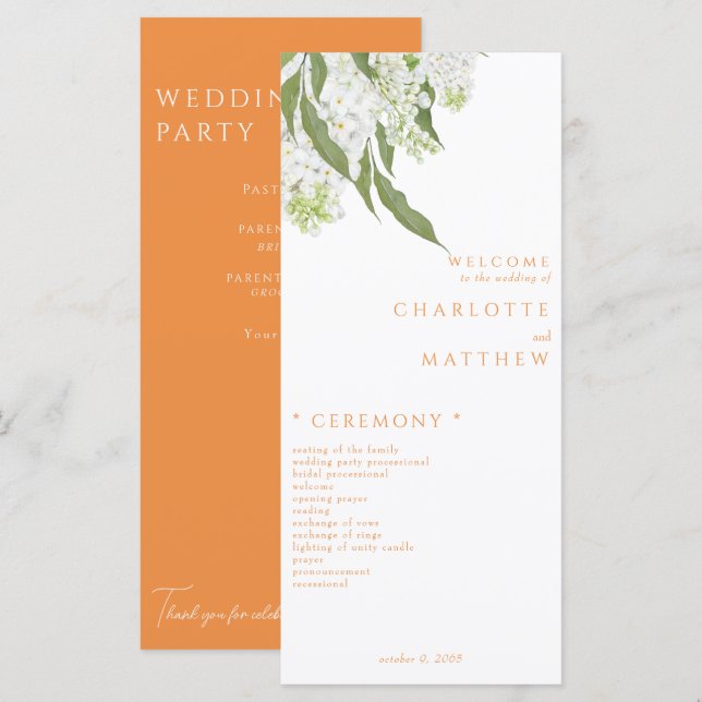 Hochzeitsprogramm für Weißblumen Menükarte (Vorne/Hinten)