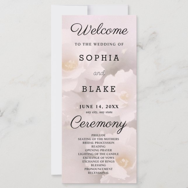 Hochzeitsprogramm für Weißblumen und leichte Rosa (Vorderseite)