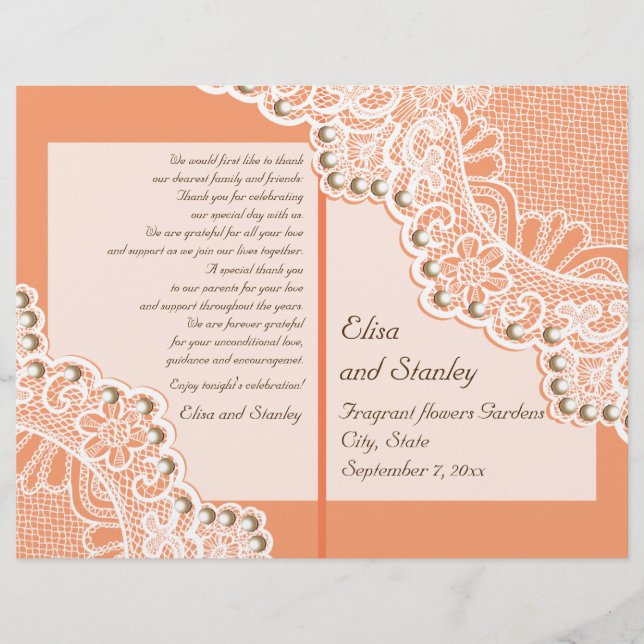 Hochzeitsprogramm für Weißspitzen & Perlen (Vorderseite)
