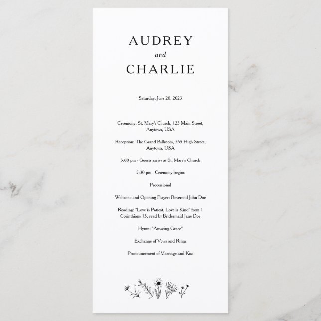 Hochzeitsprogramm für Wildblumen Programm (Vorderseite)