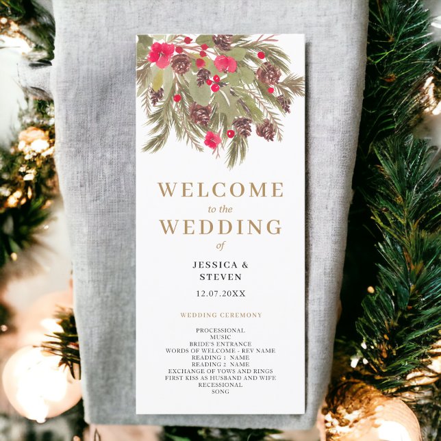 Hochzeitsprogramm für Winterpine Programm (Winter pine elegance red green wedding program)