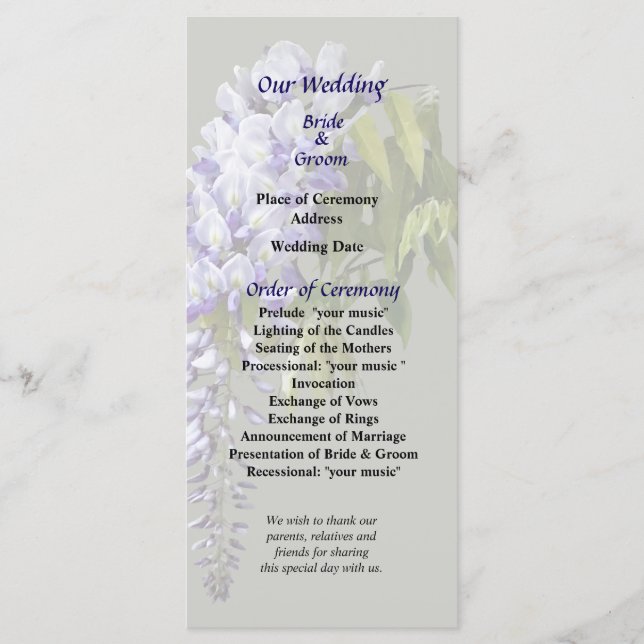 Hochzeitsprogramm für Wisteria und Blätter Programm (Vorderseite)