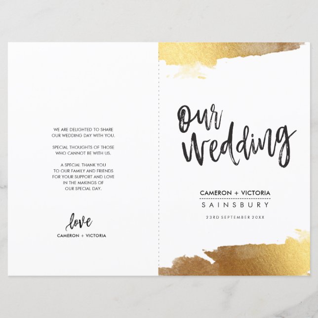 HOCHZEITSPROGRAMM gebürstete Schrift Luxus vergold (Vorderseite)