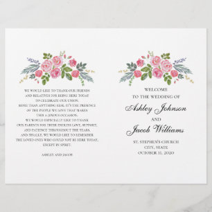 Hochzeitsprogramm gefaltet. Rosa Rosen. Gartenanla