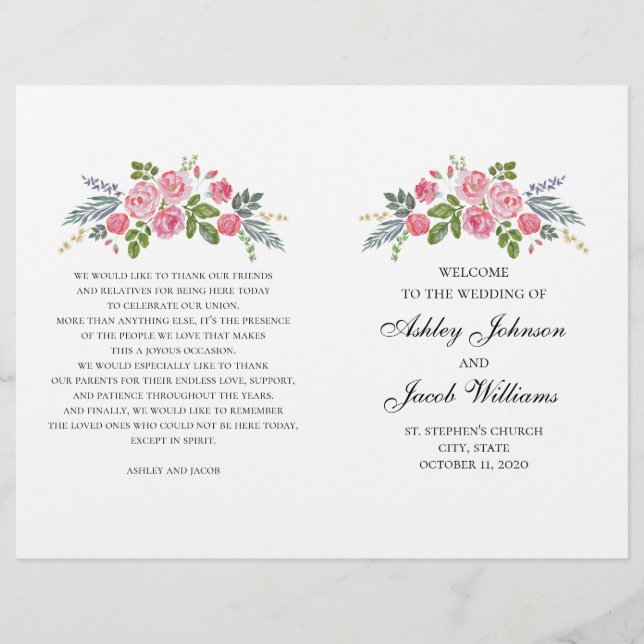 Hochzeitsprogramm gefaltet. Rosa Rosen. Gartenanla (Vorderseite)