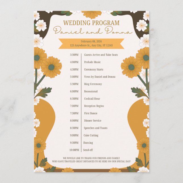 Hochzeitsprogramm – Gelbe und Weiße Blumengrenze D Programm (Vorderseite)