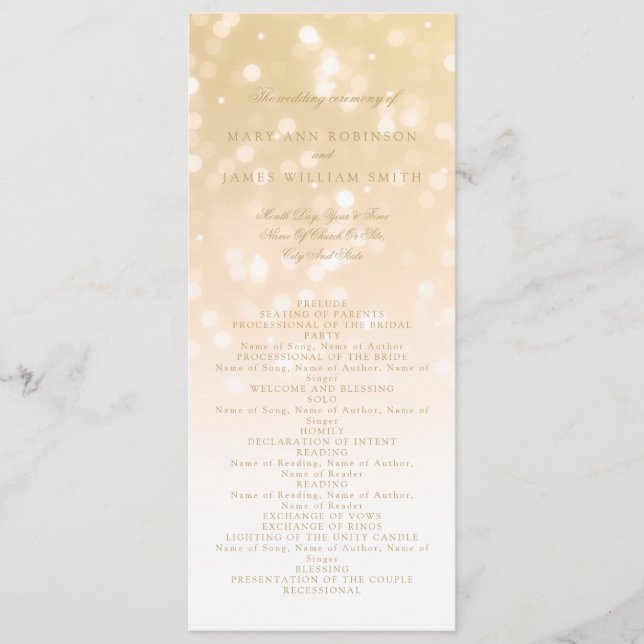 Hochzeitsprogramm Gold Bokeh Sparkle Lights Programm (Vorderseite)