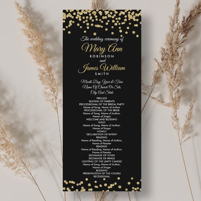 Hochzeitsprogramm Gold Imitate Glitzer Confetti Bl Programm (Wedding Program Gold Faux Glitter Confetti Black)