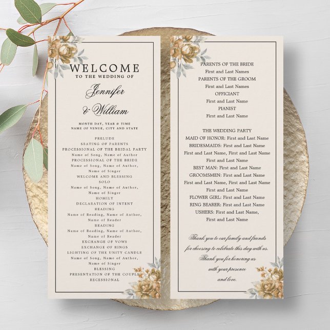 Hochzeitsprogramm Gold Natürlich Rustikale Blumen Einladung (Wedding Program Gold Natural Rustic Floral)