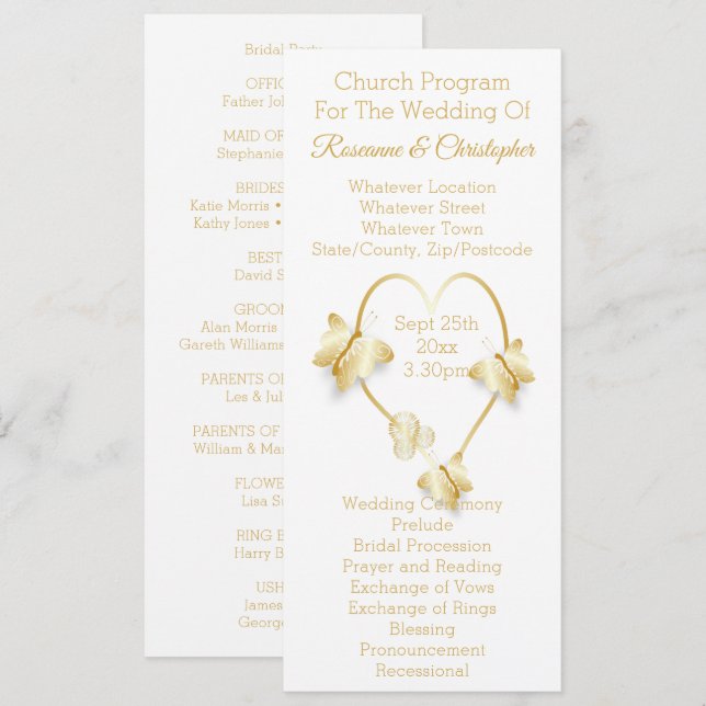 Hochzeitsprogramm Goldfarbener Herz-Schmetterling Programm (Vorne/Hinten)