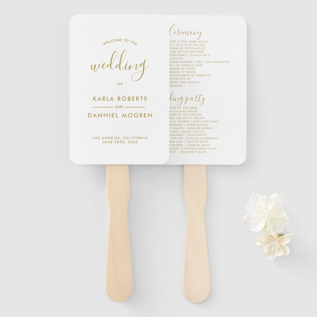 Hochzeitsprogramm - Goldkalligraphie auf Weiß Fächer (Vorne und Hinten)