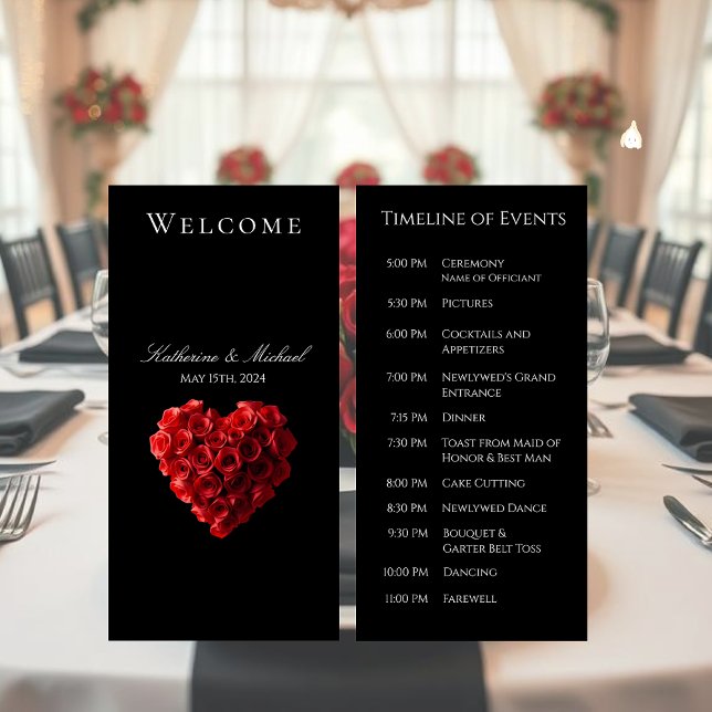 Hochzeitsprogramm-Herzförmige rote Rosen- (Wedding Registry-Heart Shaped Red Roses- Wedding Timeline of Events- Program)