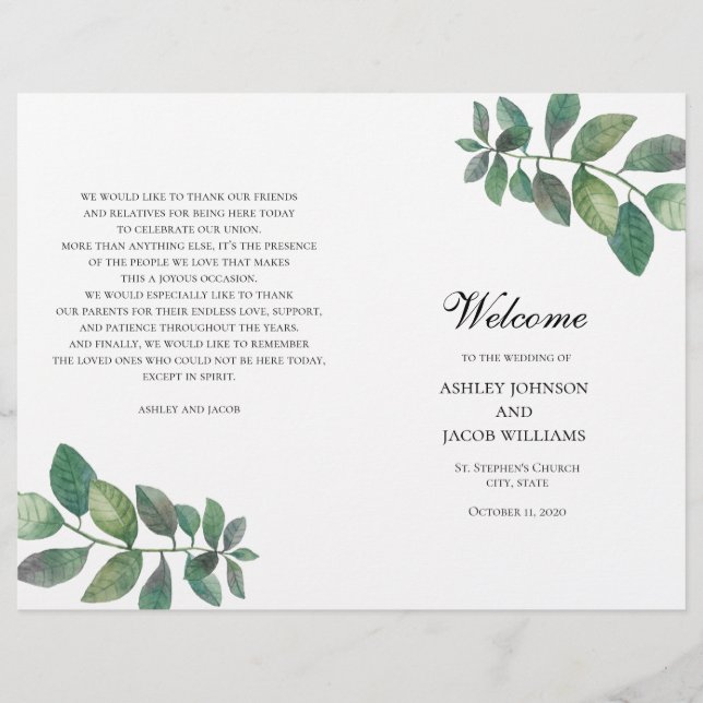 Hochzeitsprogramm im Sommer gefaltet. Grüne Blätte (Vorderseite)