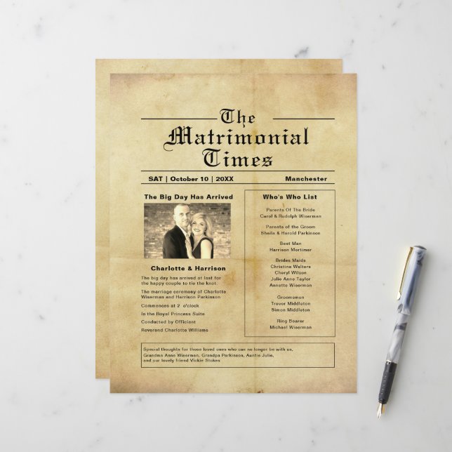 Hochzeitsprogramm im Stil einer alten Zeitung (Vorderseite/Rückseite Beispiel)