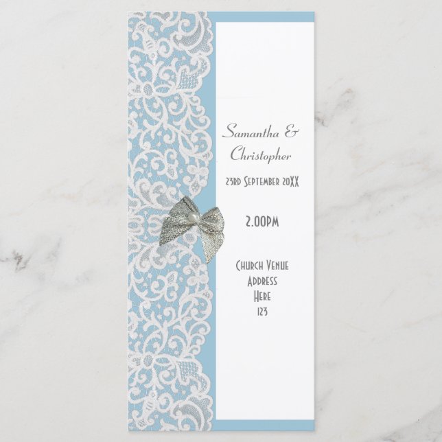 Hochzeitsprogramm in Pastel-Blau-Weiß-Spitzen Programm (Vorderseite)