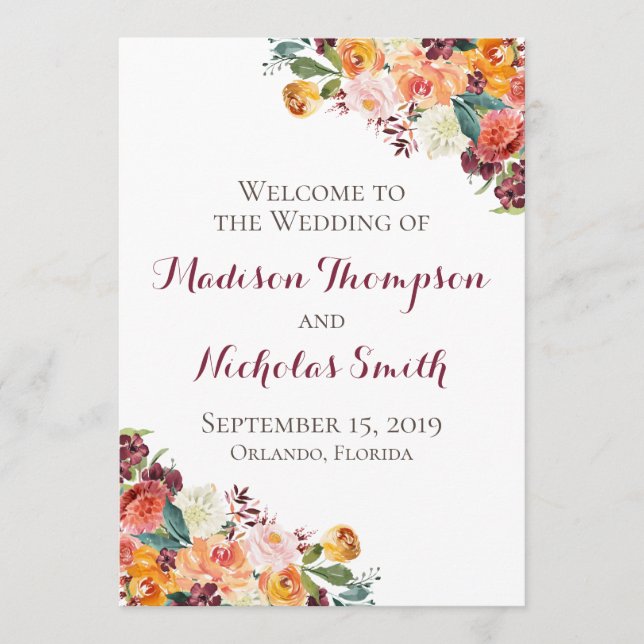 Hochzeitsprogramm-Karten mit Herbstblumen, Orange  Programm (Vorderseite)