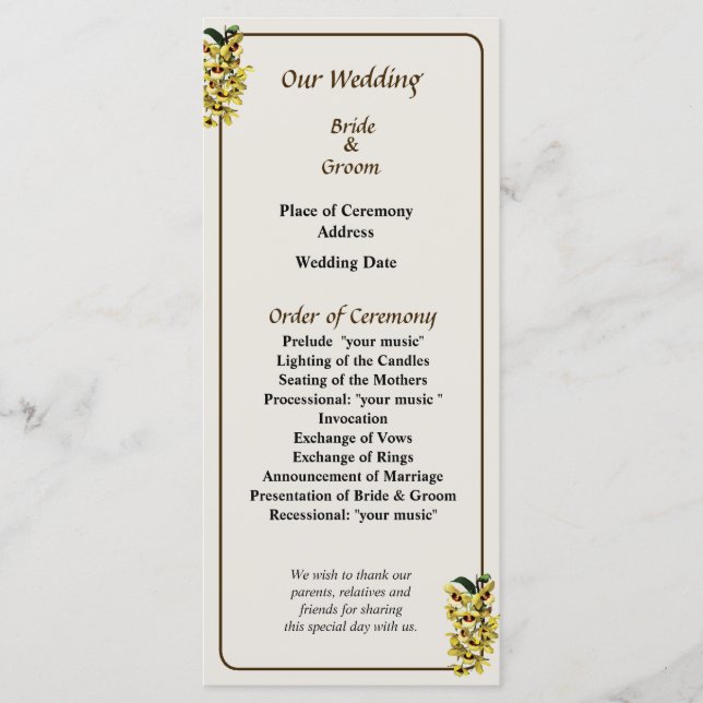 Hochzeitsprogramm Kaskade gelber Orchideen Programm (Vorderseite)
