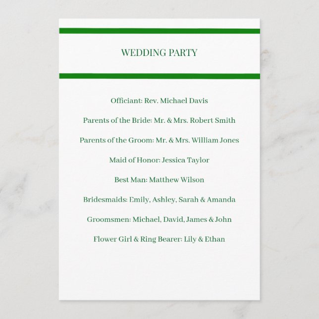 Hochzeitsprogramm Minimalistische grüne Randkarte Programm (Vorderseite)