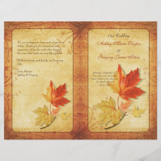 Hochzeitsprogramm mit herbstlichen Ahornblättern (Vorderseite)