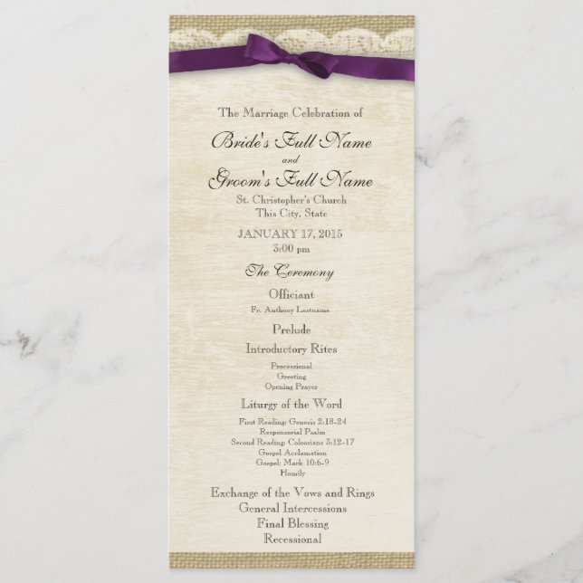 Hochzeitsprogramm mit Spitzen und violetter Schlei Programm (Vorderseite)