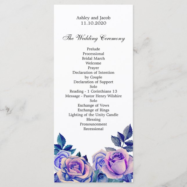 Hochzeitsprogramm mit violetten Rosen. Florale Zer Programm (Vorderseite)
