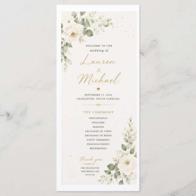 Hochzeitsprogramm mit weißen Rosen Programm (Vorderseite)
