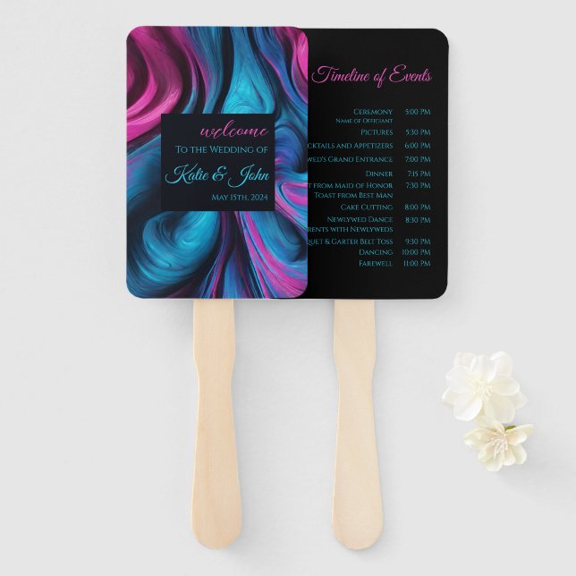 Hochzeitsprogramm Modernes Abstrakt-Blau- und Rosa Fächer (Vorne und Hinten)
