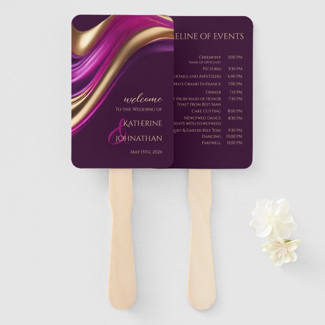 Hochzeitsprogramm - Modernes Lila Fuchsien und Gol Fächer (Vorne und Hinten)