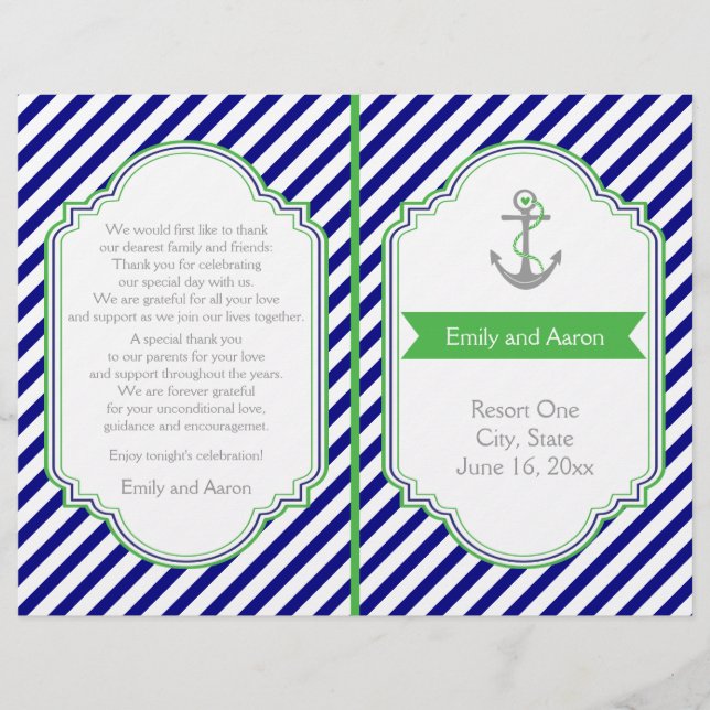Hochzeitsprogramm Navy, Green nautical (Vorderseite)