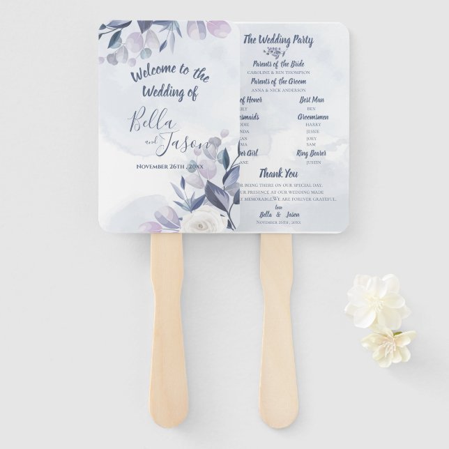 Hochzeitsprogramm Niedliche Wasserfarben Dusty Blu Fächer (Vorne und Hinten)