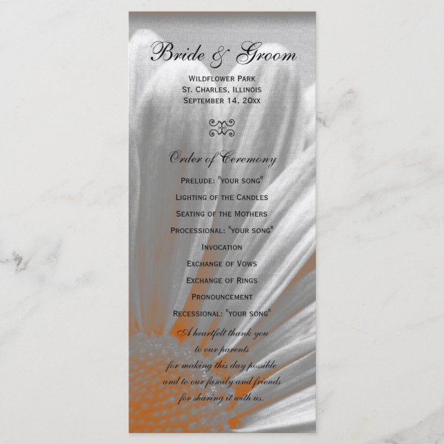 Hochzeitsprogramm Orange und Gray Floral Highlight Programm (Vorderseite)