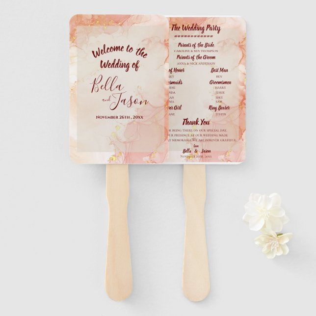 Hochzeitsprogramm Peach Gold Orange Marmor Party Fächer (Vorne und Hinten)