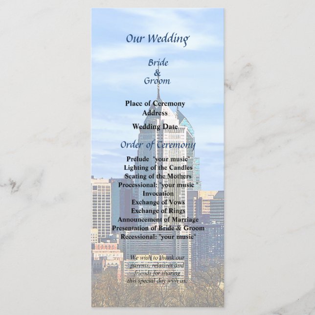 Hochzeitsprogramm Philadelphia Pa Skyline II Programm (Vorderseite)