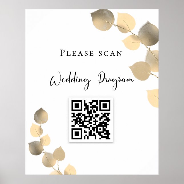 Hochzeitsprogramm QR-Code Eukalyptus golden Poster (Vorne)