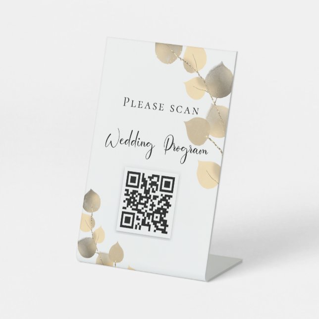 Hochzeitsprogramm QR-Code Eukalyptus golden Sockelschild (Vorderseite)