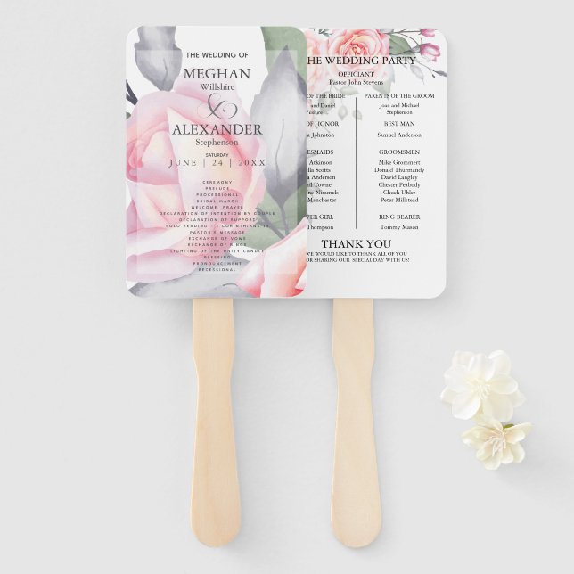 Hochzeitsprogramm | Rosen in Aquarellfarbe Fächer (Vorne und Hinten)